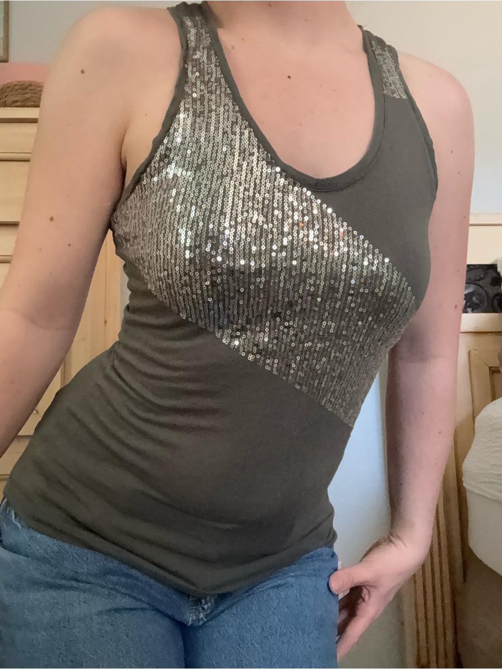 Olive Green Sequin Accent Tank Top - Women's